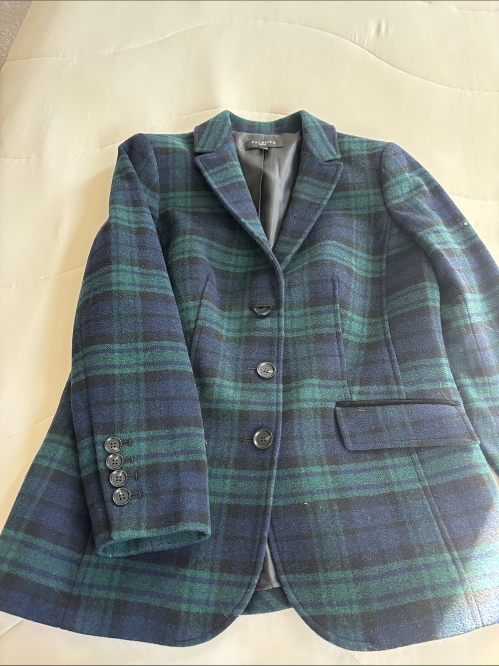 Talbots Navy and Green Plaid Wool Blazer. Never Used